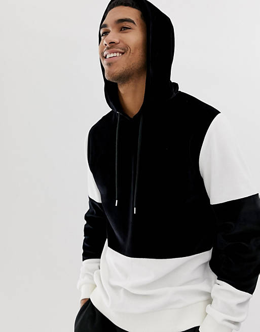 ASOS DESIGN hoodie in velour with colour block in black and white | ASOS