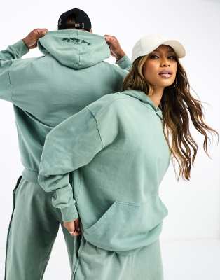 ASOS DESIGN hoodie in washed teal with distressed seam details and embroidery - part of a set