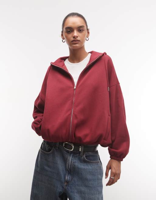 ASOS DESIGN hoodie met opstaande boord en rits van brushback in bordeauxrood, 2 van 4