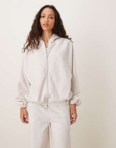 ASOS DESIGN - Hoodie met rits en gestrikte zoom in lichtbeige, deel van co-ord set - view 1