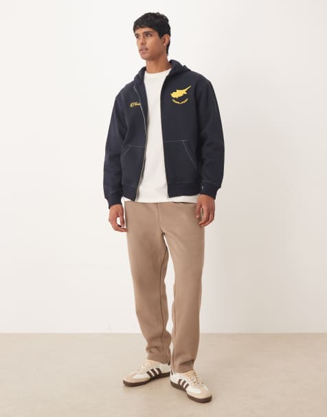 ASOS DESIGN - Hoodie met rits, sportprint en contrasterende stiksels in marineblauw - view 1