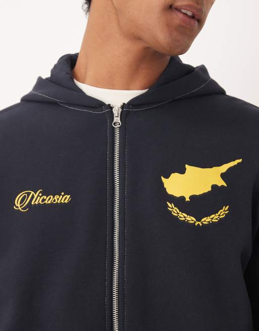 ASOS DESIGN - Hoodie met rits, sportprint en contrasterende stiksels in marineblauw