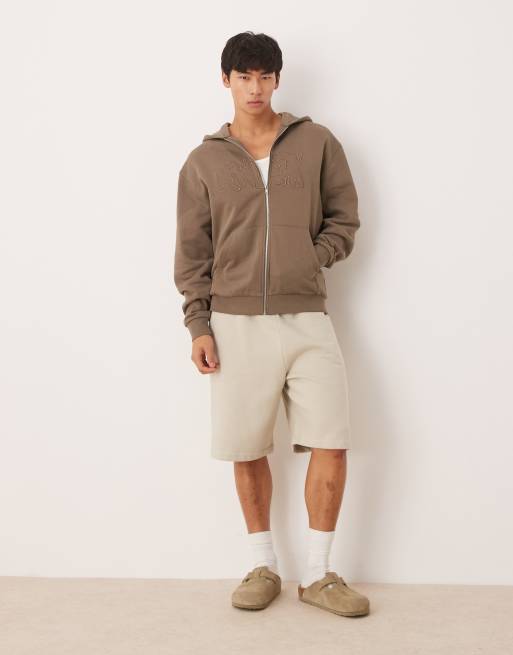 ASOS DESIGN zip up hoodie with street print embroidery in brown