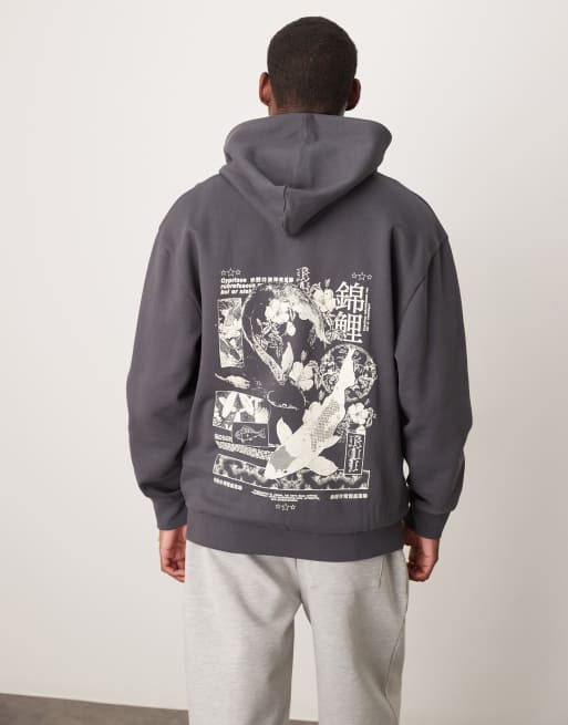 ASOS DESIGN - Hoodie met souvenirprint op de achterkant met borduursel op de borst in grijs