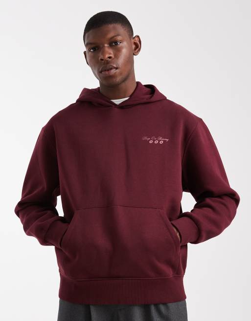 ASOS DESIGN hoodie with back print and contrast stitching in burgundy, 3 of 5