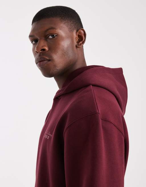 ASOS DESIGN hoodie with back print and contrast stitching in burgundy, 4 of 5