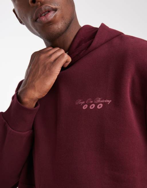 ASOS DESIGN hoodie with back print and contrast stitching in burgundy, 5 of 5