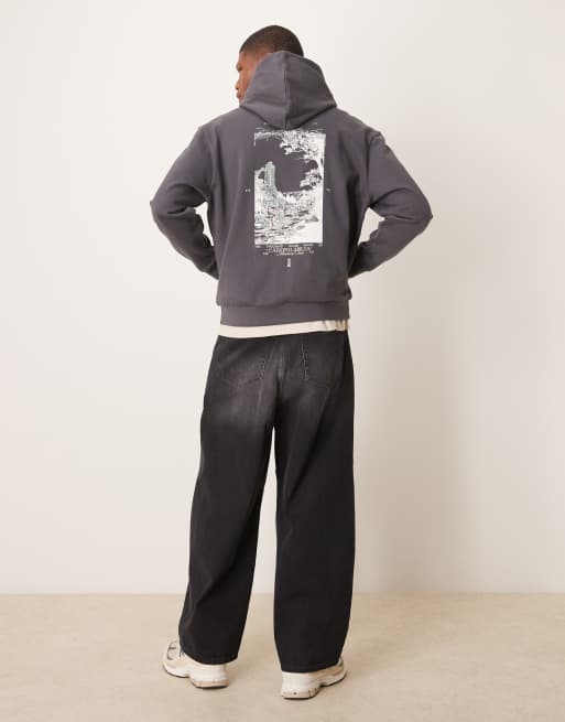 ASOS DESIGN hoodie with chest and back print in charcoal