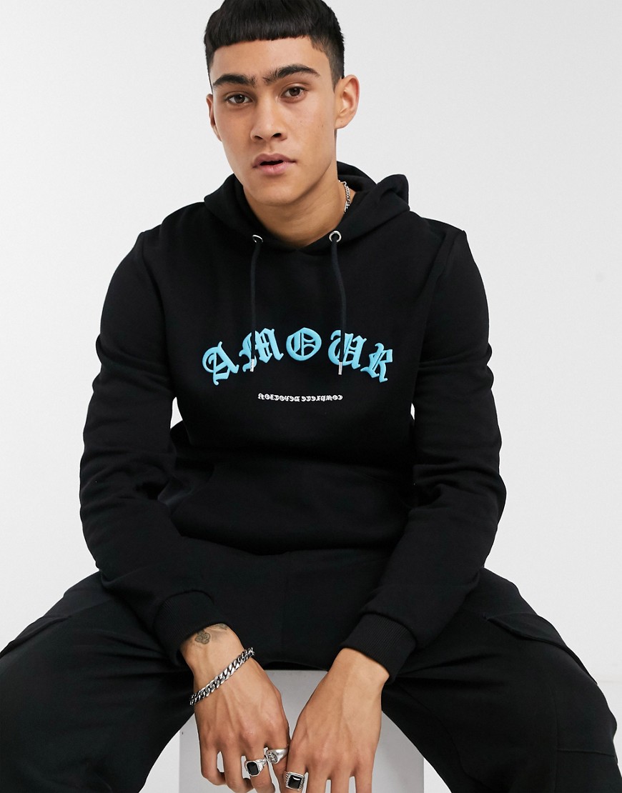 ASOS DESIGN hoodie with chest text puff print in black - part of a set