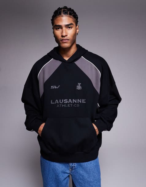 ASOS DESIGN hoodie with color blocking and distressed print in black - view 1