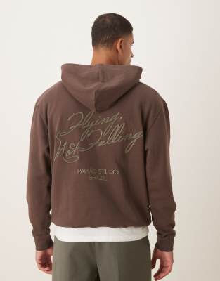 Asos Design Hoodie With Embroidery Text Print In Brown
