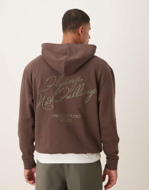 ASOS DESIGN hoodie with embroidery text print in brown - view 1