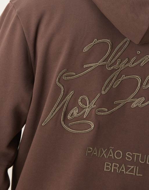 ASOS DESIGN hoodie with embroidery text print in brown, 5 of 5