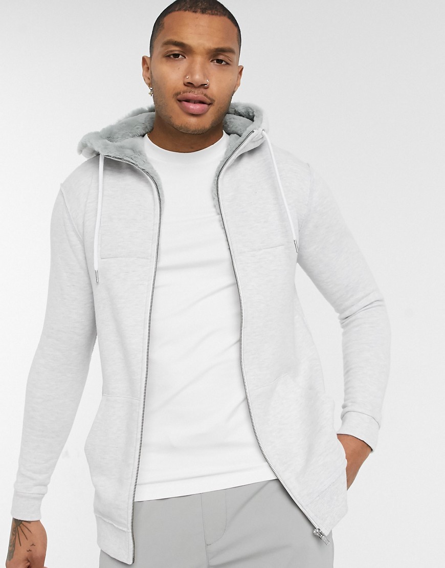 ASOS DESIGN hoodie with faux fur hood lining in ultra light gray marl