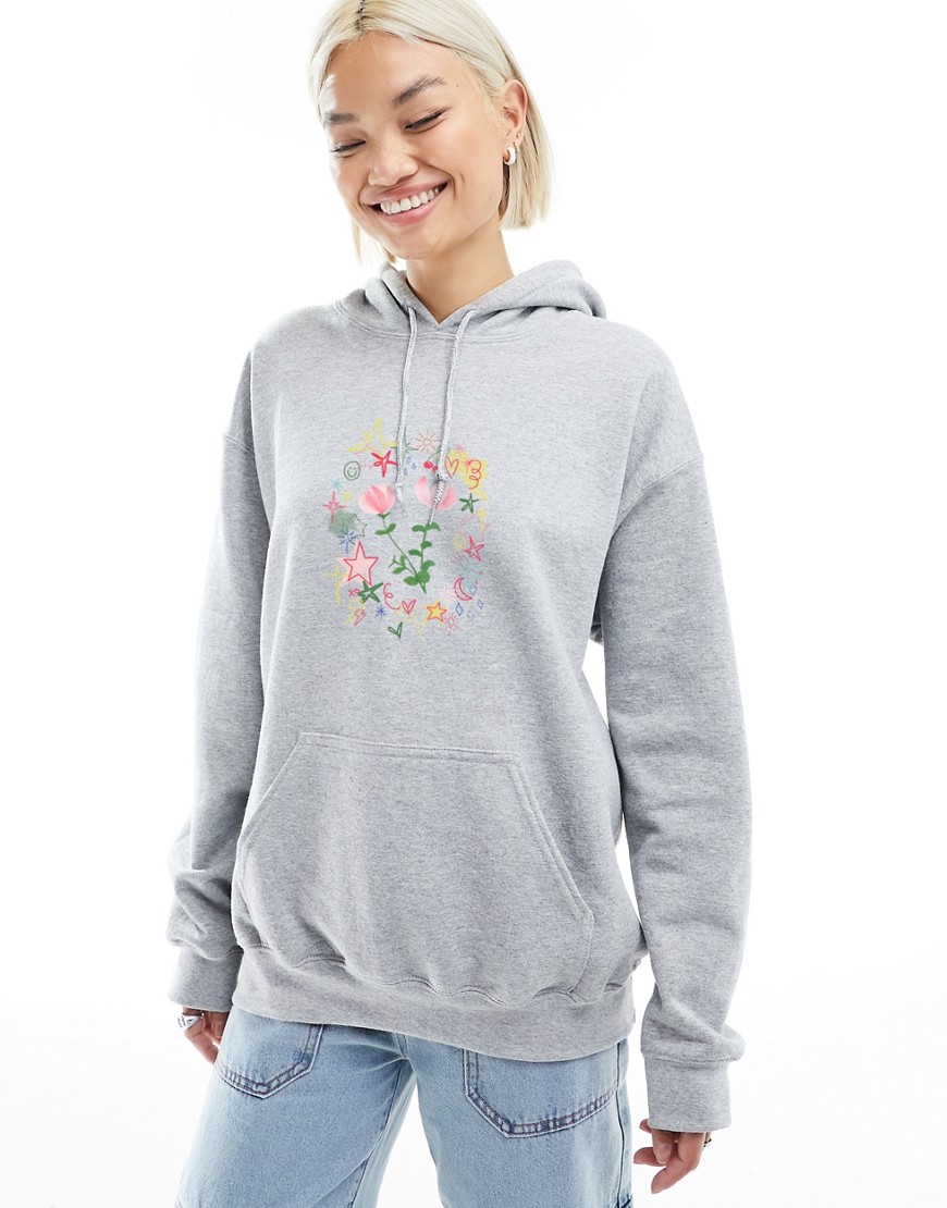 Asos Design Hoodie With Floral Graphics In Gray Heather