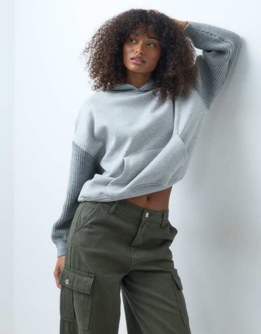 ASOS DESIGN Hoodie with knitted sleeves in grey marl, 5 of 5