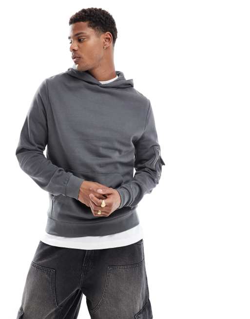 ASOS DESIGN hoodie with MA1 pocket detail in charcoal gray