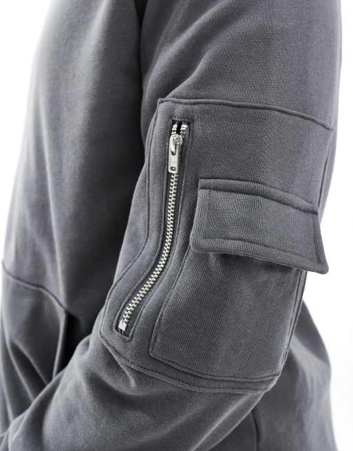 ASOS DESIGN hoodie with MA1 pocket detail in charcoal gray, 3 of 4