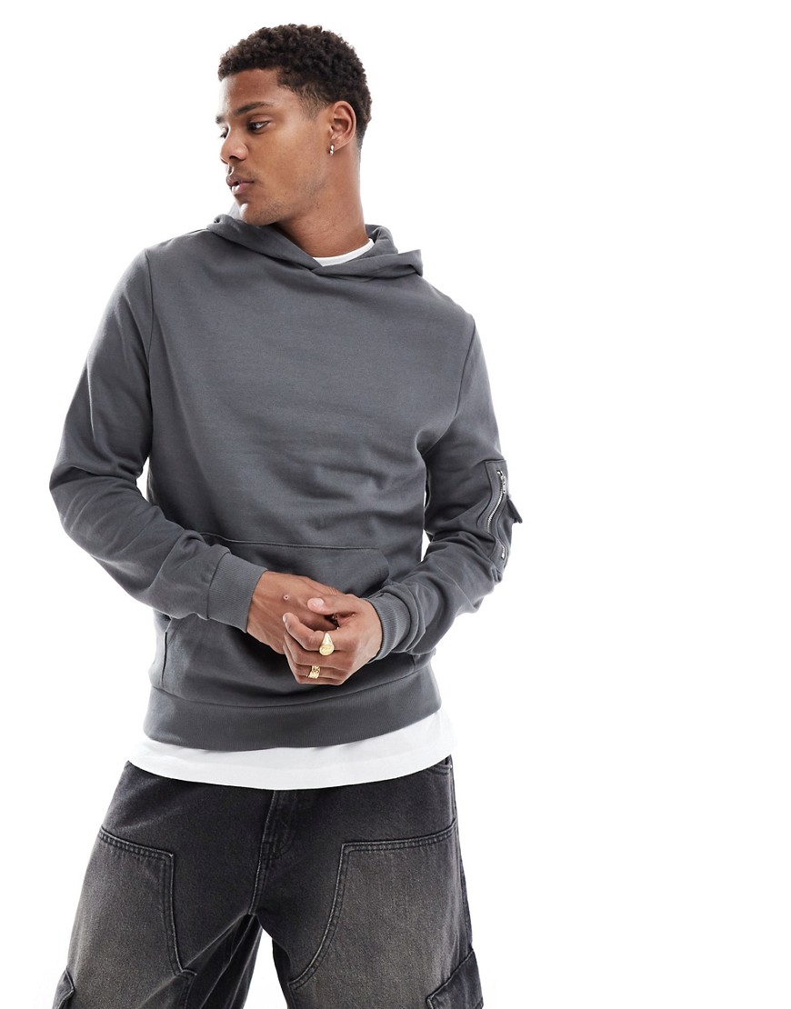 ASOS DESIGN hoodie with MA1 pocket detail in charcoal grey