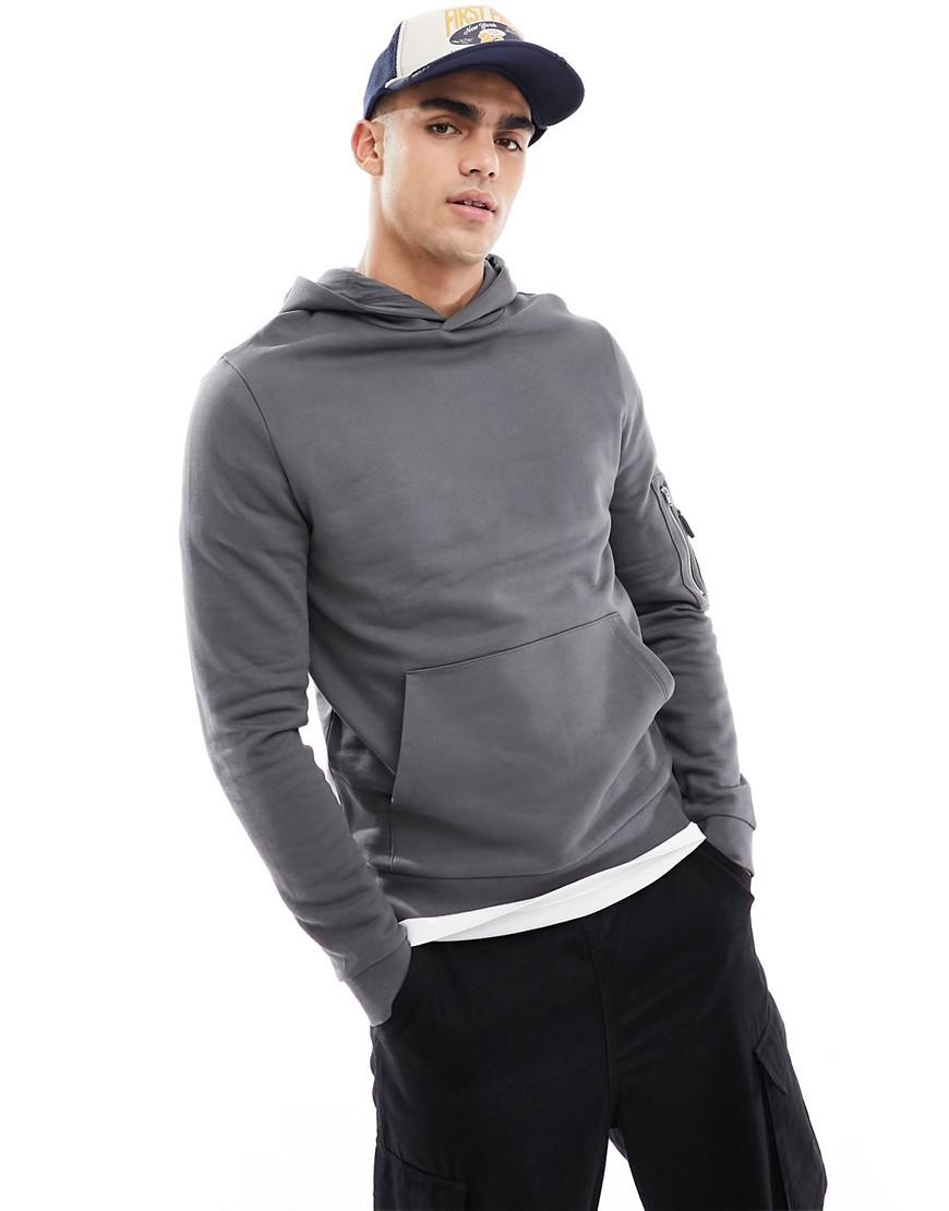 Asos Design Hoodie With Ma1 Pocket Detail In Charcoal-gray