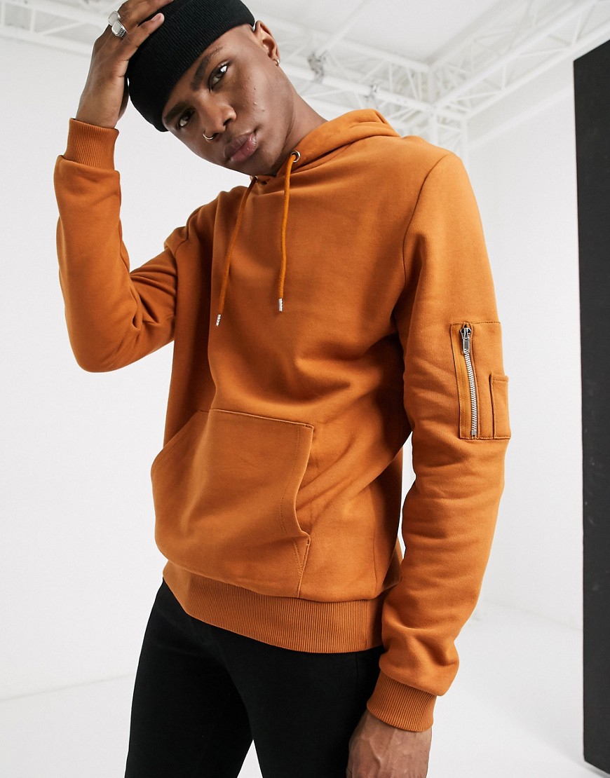 ASOS DESIGN hoodie with MA1 pocket in tan-Brown