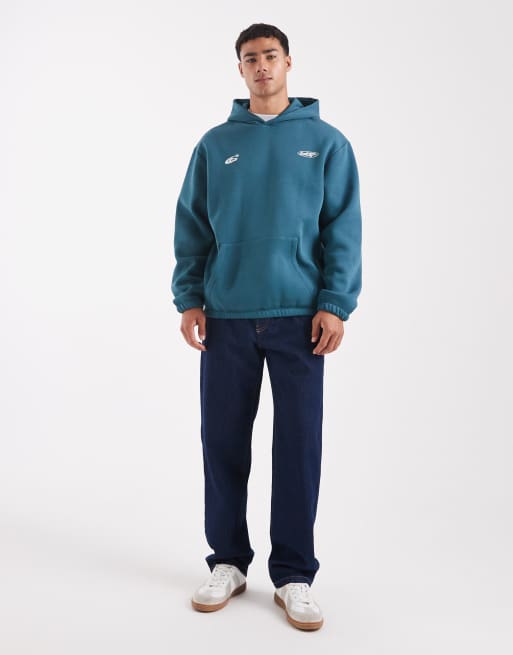 ASOS DESIGN hoodie with metallic sports print in teal blue, 2 of 5