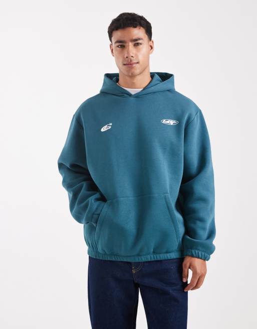 ASOS DESIGN hoodie with metallic sports print in teal blue, 3 of 5