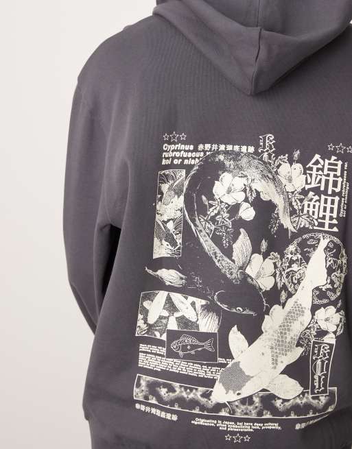 ASOS DESIGN hoodie with souvenir back print and chest embroidery in gray