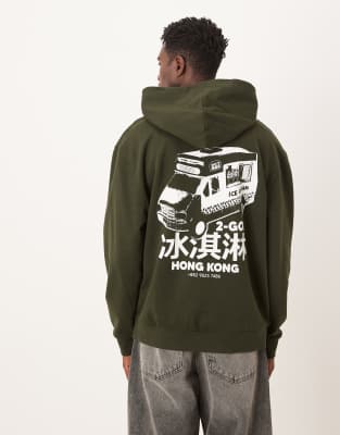 Asos Design Hoodie With Souvenir Van Back Print In Green
