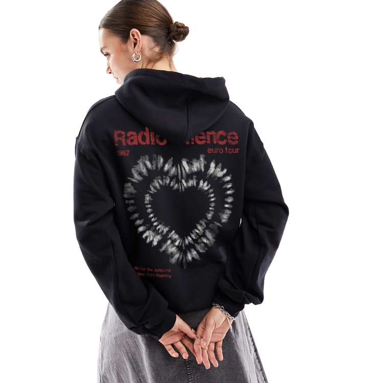 ASOS DESIGN hoodie with tie dye heart rock graphic in black ASOS