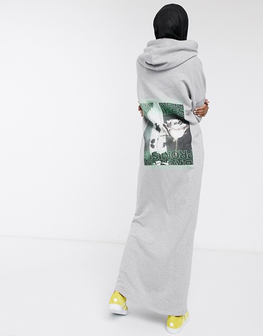 ASOS DESIGN hoodie maxi sweat dress with broken promises back print in grey