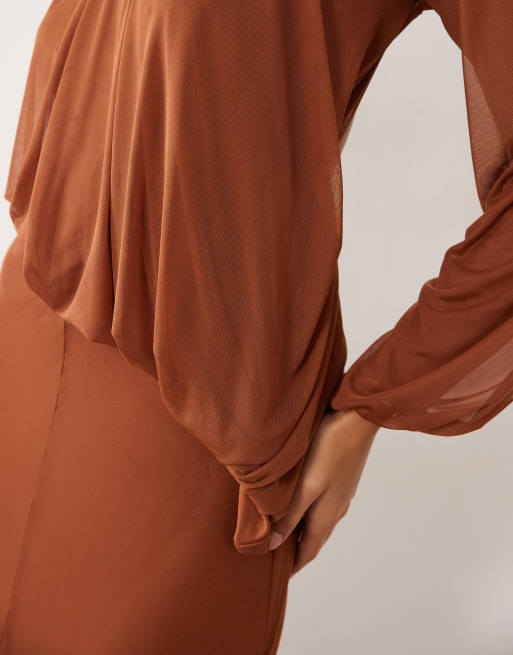 ASOS DESIGN hooggesloten blousonjurk met drapering in gember, 2 van 4