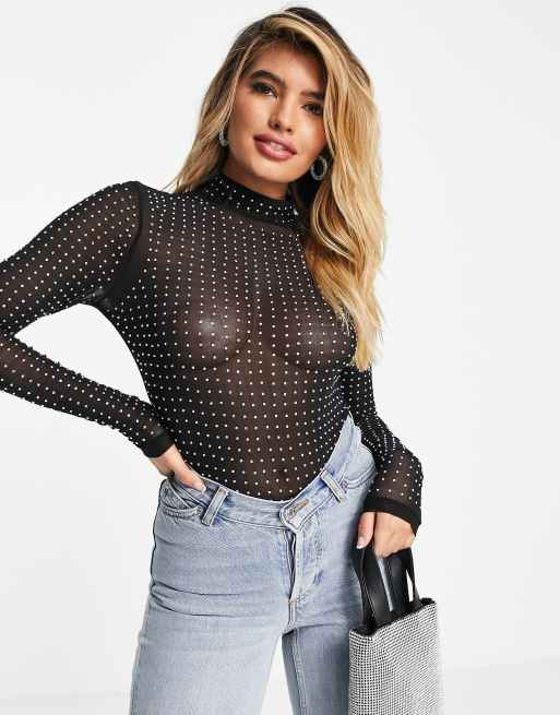 ASOS DESIGN - Hooggesloten body van mesh met kristallen studs in zwart