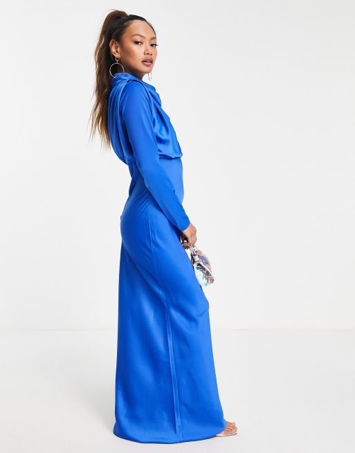 ASOS DESIGN - Hooggesloten gedrapeerde lange jurk van schuin gesneden  satijn in blauw | ASOS