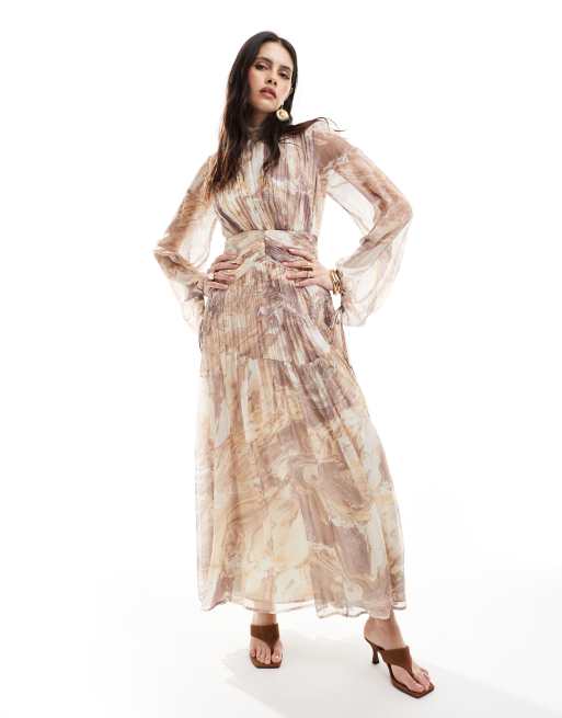 ASOS DESIGN - Hooggesloten, gerimpelde maxi jurk met marmerprint in bruin, 2 van 4