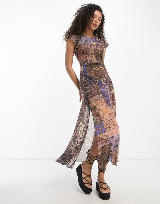 ASOS DESIGN Hooggesloten maxi jurk met gemengde print en korte mouwen