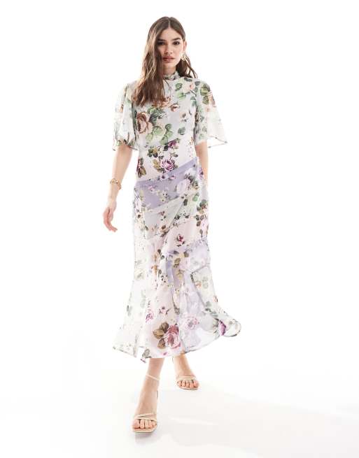 ASOS DESIGN - Hooggesloten midi jurk met 3/4 mouwen, split en bloemenprint in lila