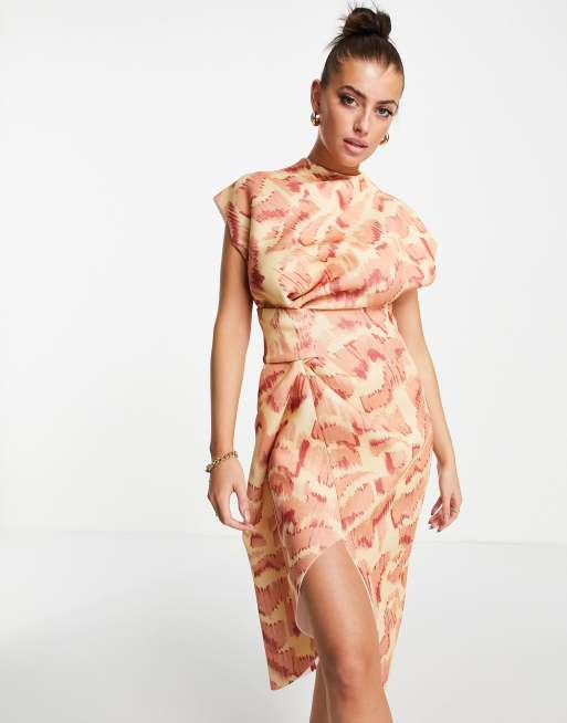 ASOS DESIGN - Hooggesloten midi-kokerjurk met ingestopte plooitjes in geometrische print