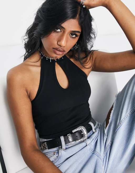 ASOS DESIGN - Hooggesloten top met halternek en keyhole opening in zwart