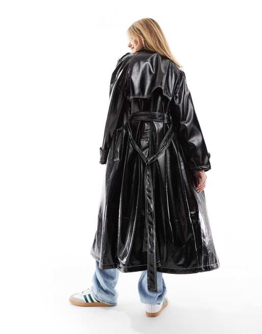 ASOS DESIGN - Hoogglans trenchcoat met contrasterend stiksel in zwart, 2 van 4