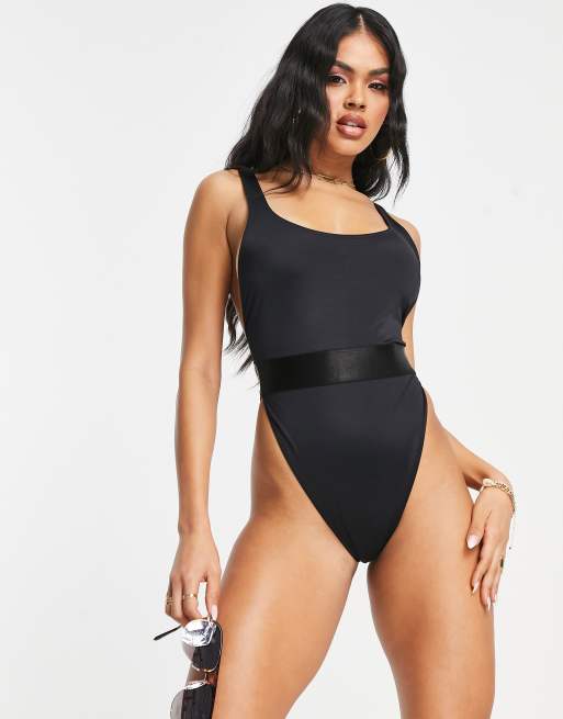 ASOS DESIGN - Hoogopgesneden badpak in stringmodel met elastiek in zwart , 3 van 4