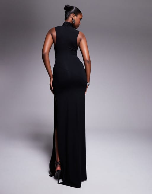ASOS DESIGN - Hoogsluitend gerimpelde maxi-jurk met asymmetrische naden in zwart, 2 van 4
