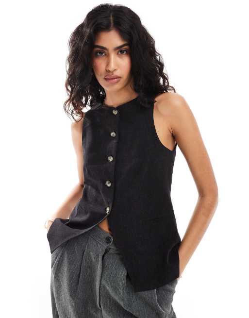 ASOS DESIGN - Hoogsluitend gilet met linnen in zwart
