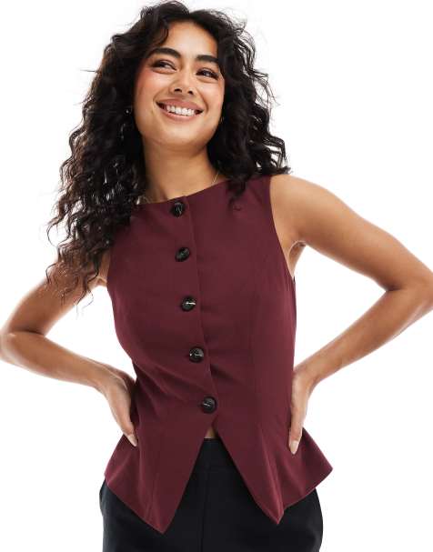 ASOS DESIGN - Hoogsluitend gilet met split aan de voorkant in bordeauxrood - view 1