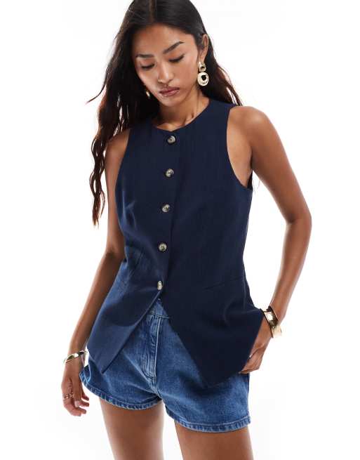 ASOS DESIGN - Hoogsluitend gilet van linnenmix in marineblauw