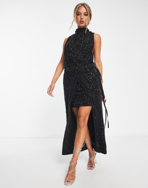 ASOS DESIGN - Hoogsluitend mini jurk met overslag en tegelversiering in mat zwart - view 1