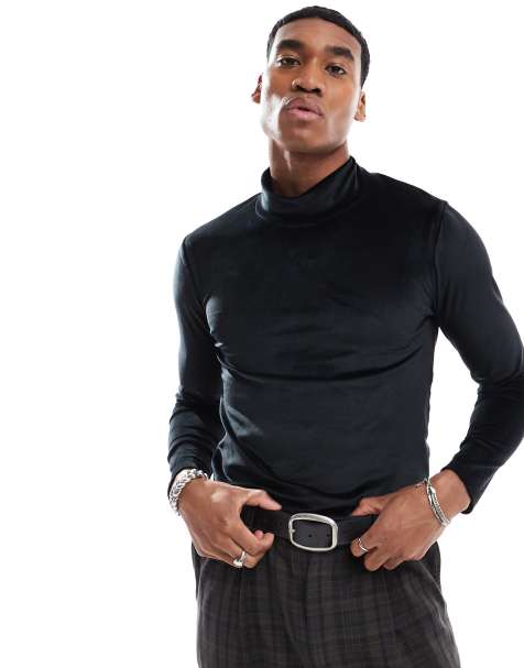 ASOS DESIGN - Hoogsluitend muscle fit T-shirt met lange mouwen in zwart velours - view 1