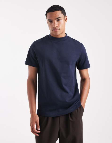 ASOS DESIGN - Hoogsluitend T-shirt van zware stof in marineblauw - view 1