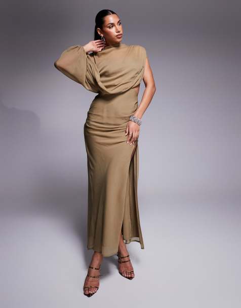 ASOS DESIGN - Hoogsluitende asymmetrische maxi-jurk met gedrapeerd lijfje en uitsnijding in taupe - view 1