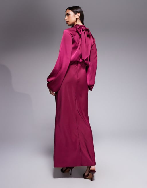 ASOS DESIGN - Hoogsluitende blouson maxi-jurk met textuur en gestrikte achterkant in framboos, 2 van 4